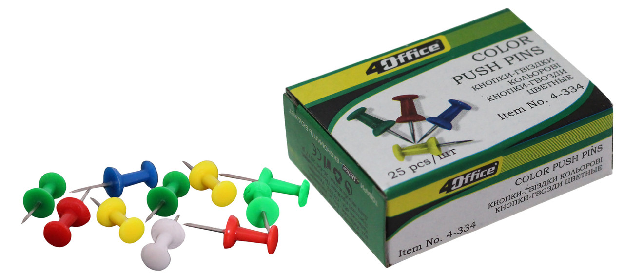 Кнопки 4OFFICE (4-334), металеві з пластиковим гвіздочком, 25шт.